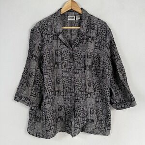 Chico's Design Shirt Top Blouse Sz 3 US XL Gray Black Geometric Button Up Artsy